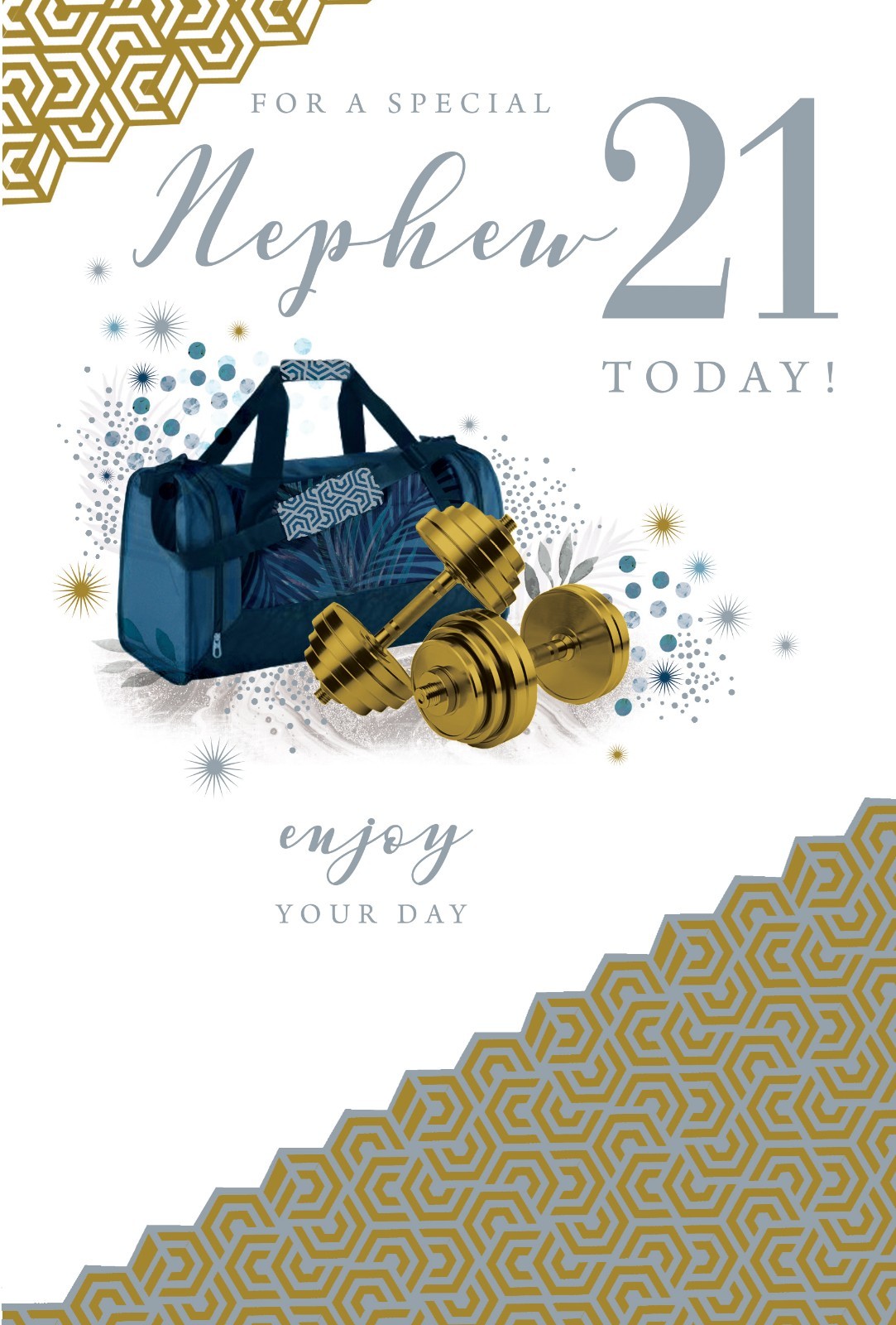 21st Birthday Card for Nephew  Gym Bag & Dumbbells  15x23cm  Colour Insert