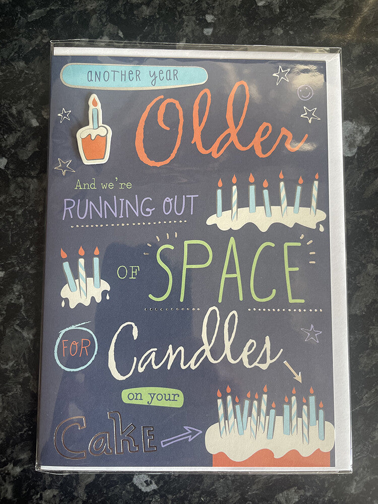 Open Happy Birthday Card Another Year Older Running Out Of Space For Candles