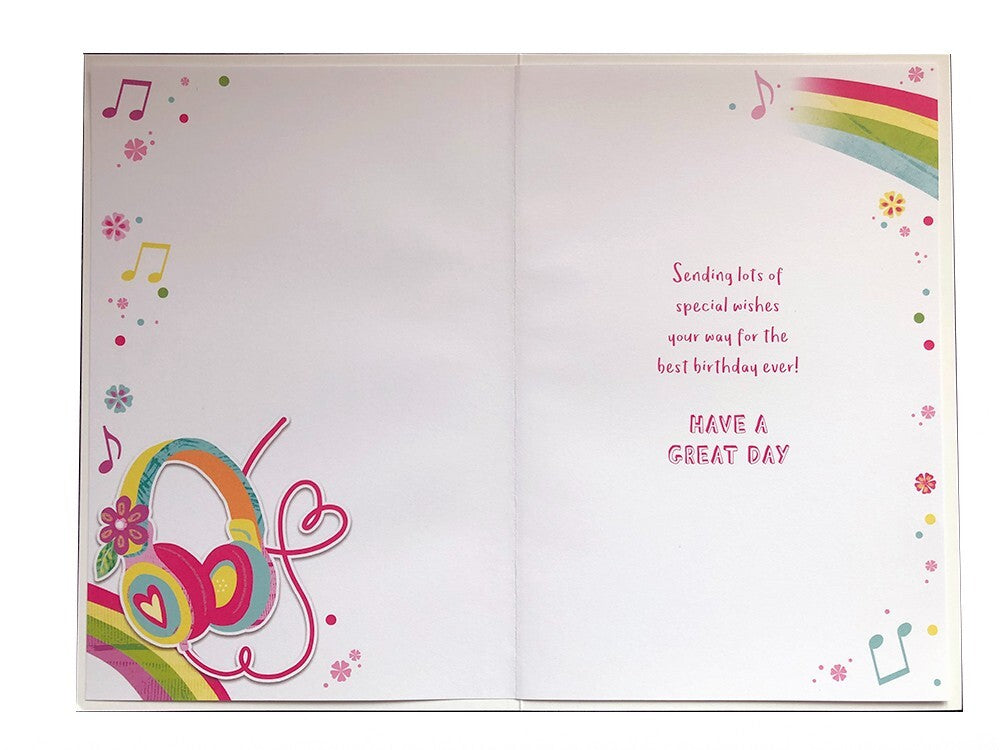 Happy Birthday Niece 11th Card - Girls Music Headphones Rainbow Design