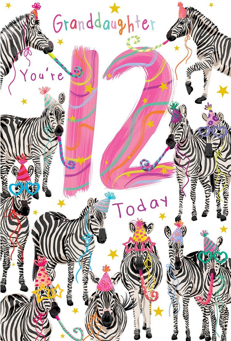 Granddaughter 12th Birthday Card Age 12 Zebra 9" x 6" Lovely Verse