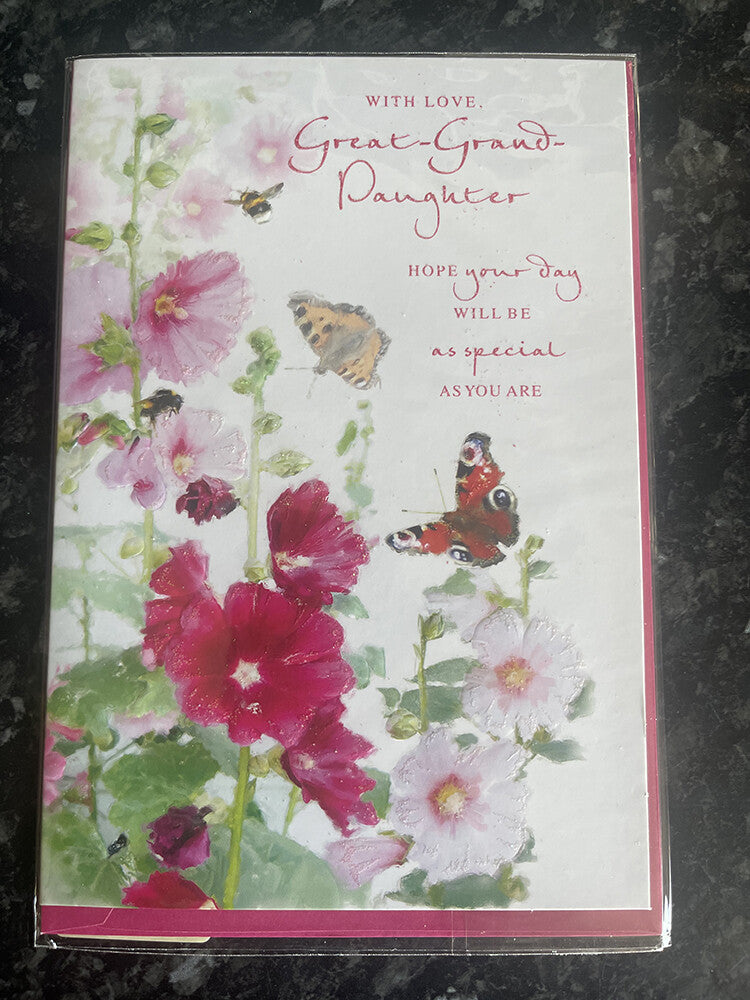 Great Granddaughter Happy Birthday Card Watercolour Flowers Butterflies