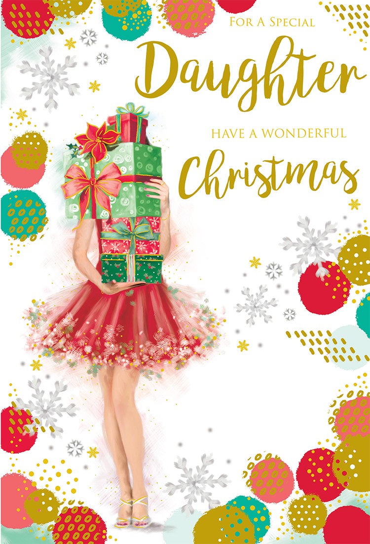 Daughter Christmas Card Modern Lady Carrying Gifts 9" x 6" Lovely Verse