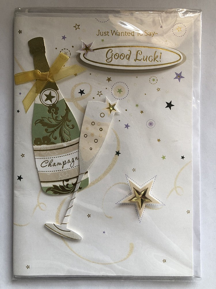 Good Luck Best Wishes Card 3D Champagne Glass Stars Ribbon