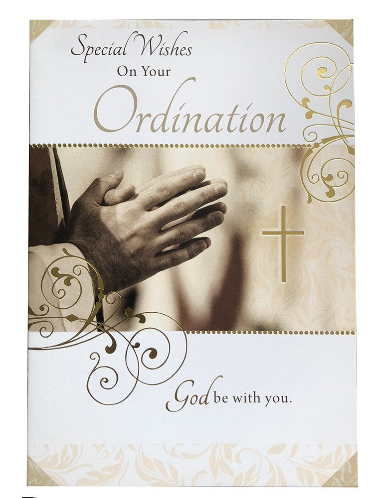 Religious Ordination Card Prayer Hands & Gold Cross 14.4x21cm 1st 2nd Class Post