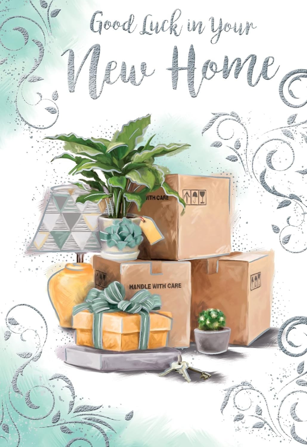 New Home Card 13cm x 19cm Moving Boxes & Keys Design Verse Inside