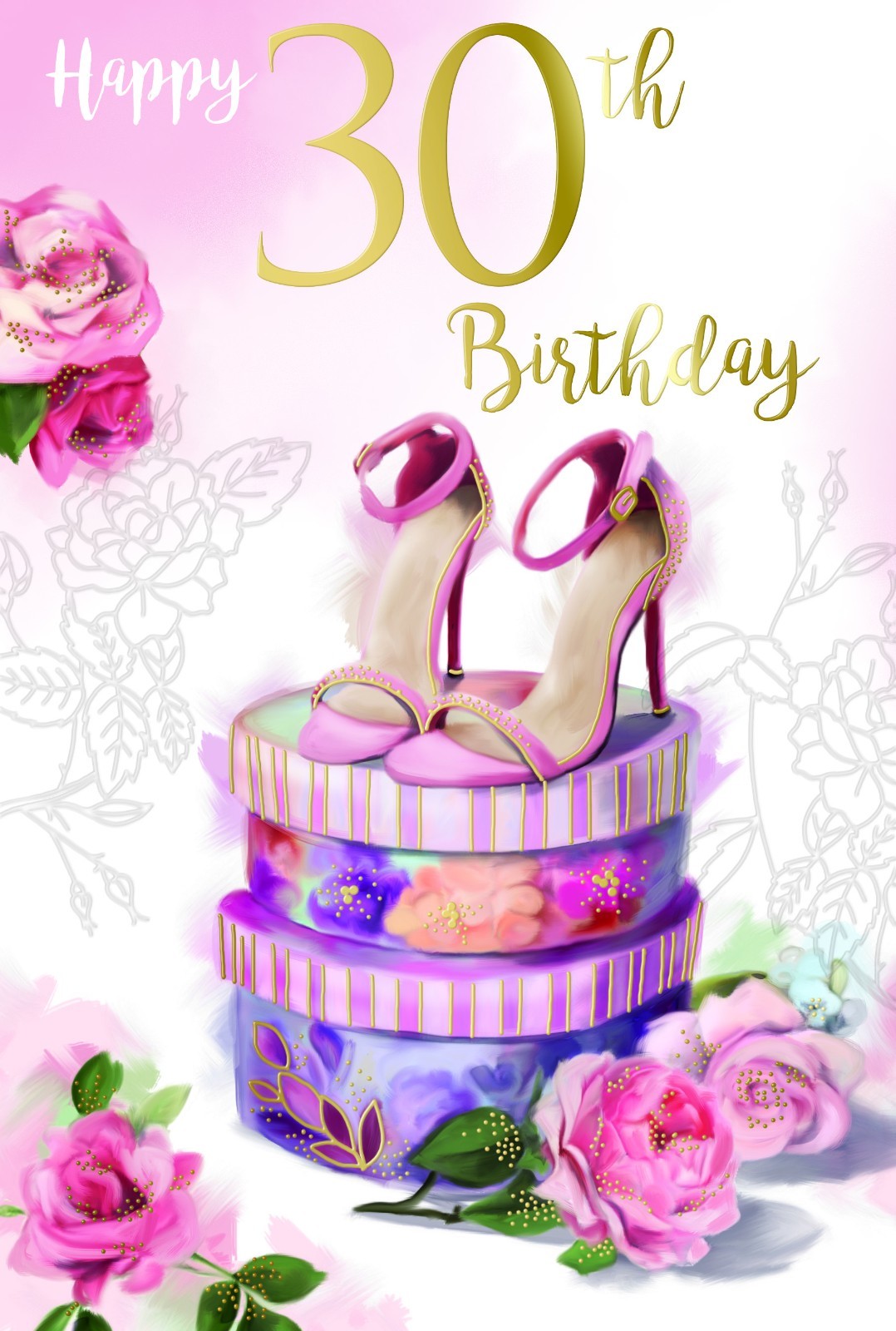 30th Happy Birthday Card 30 Shoes Roses Gift Boxes & Flowers Design