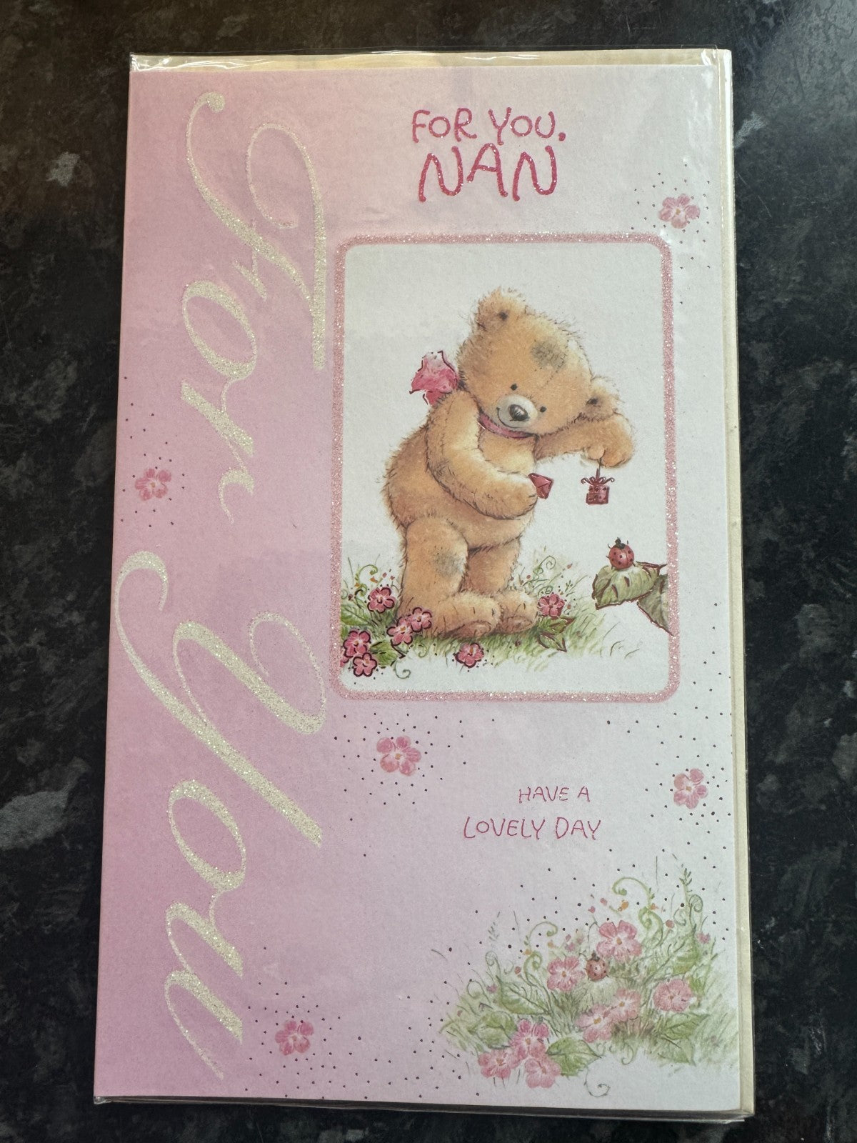 Birthday Card Nan Cute Teddy Bear Glitter Pink Floral Flowers Medium 13x23cm