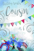 Birthday Card for Cousin 15cm x 23cm Bunting & Gift Boxes Verse Inside