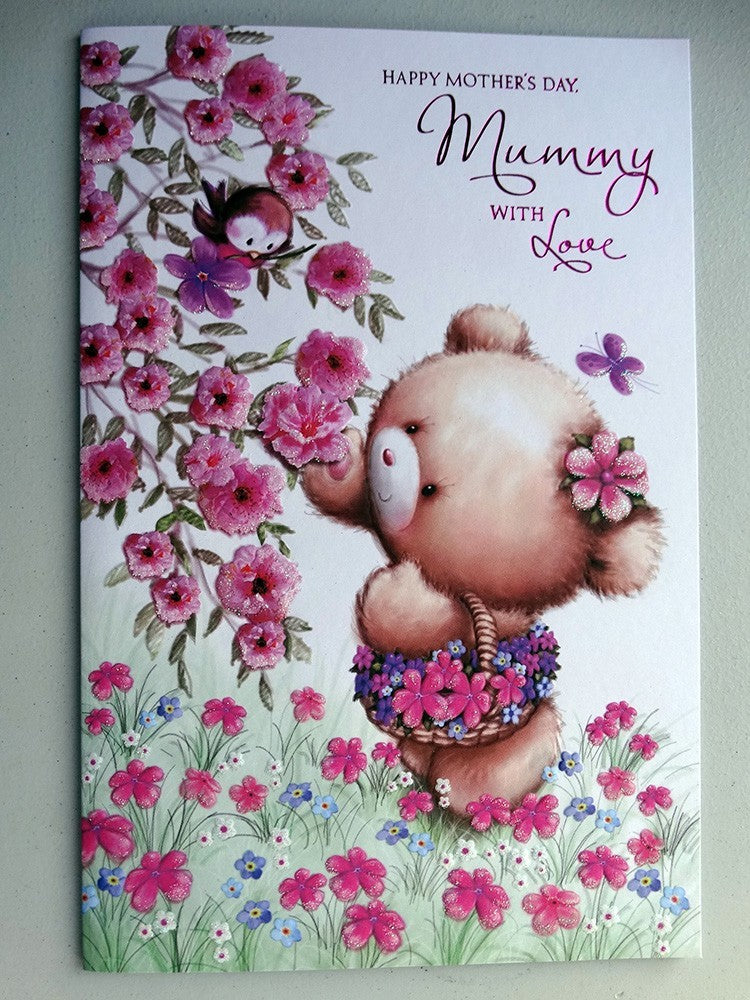 Happy Mothers Day Mummy Card With Love Cute Bear & Flowers Design