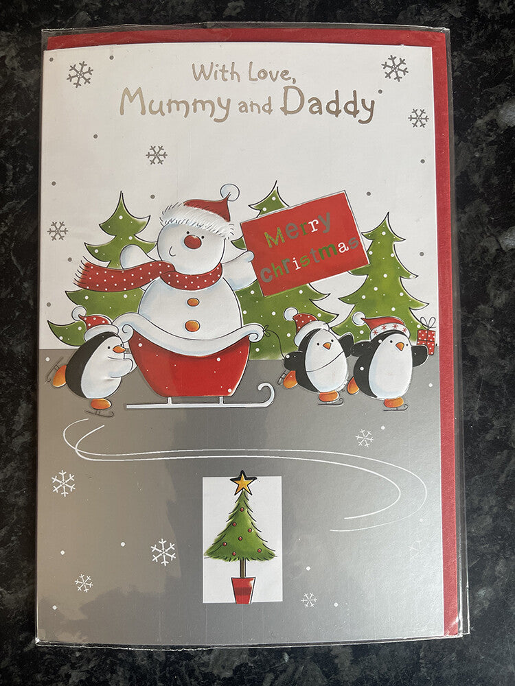 Mummy & Daddy Merry Christmas Card Ice Skating Penguins Snowman