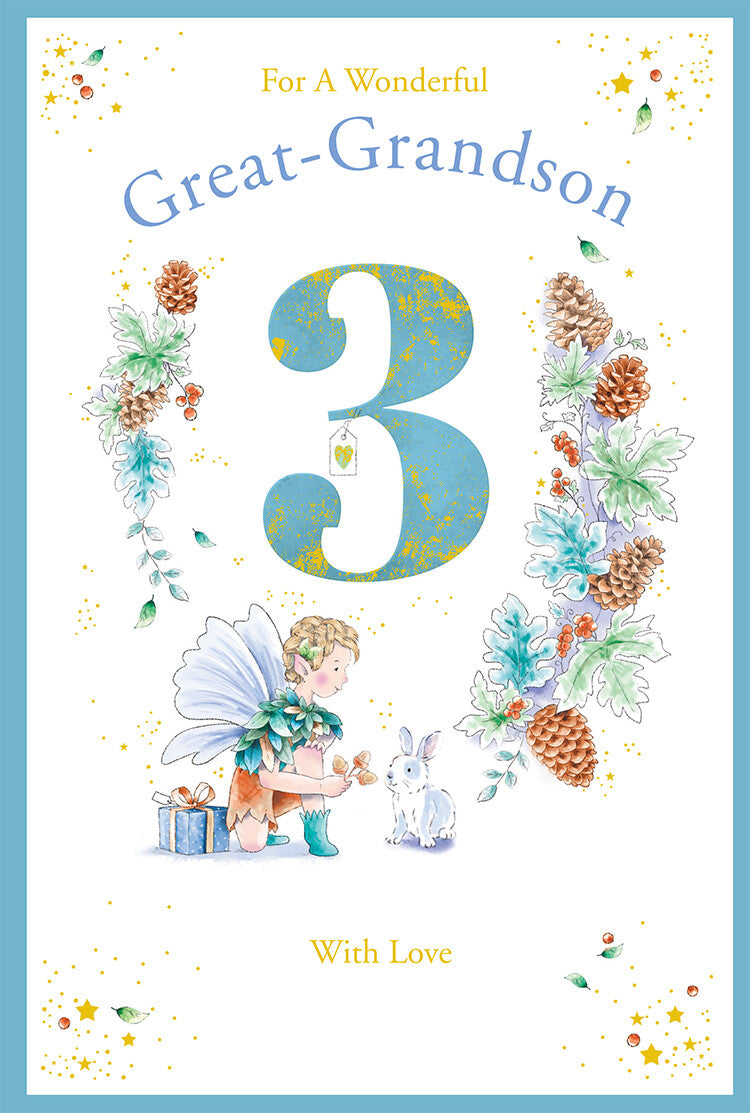 Great Grandson 3rd Birthday Card Age 3 Pinecone Pixie 9" x 6" Lovely Verse
