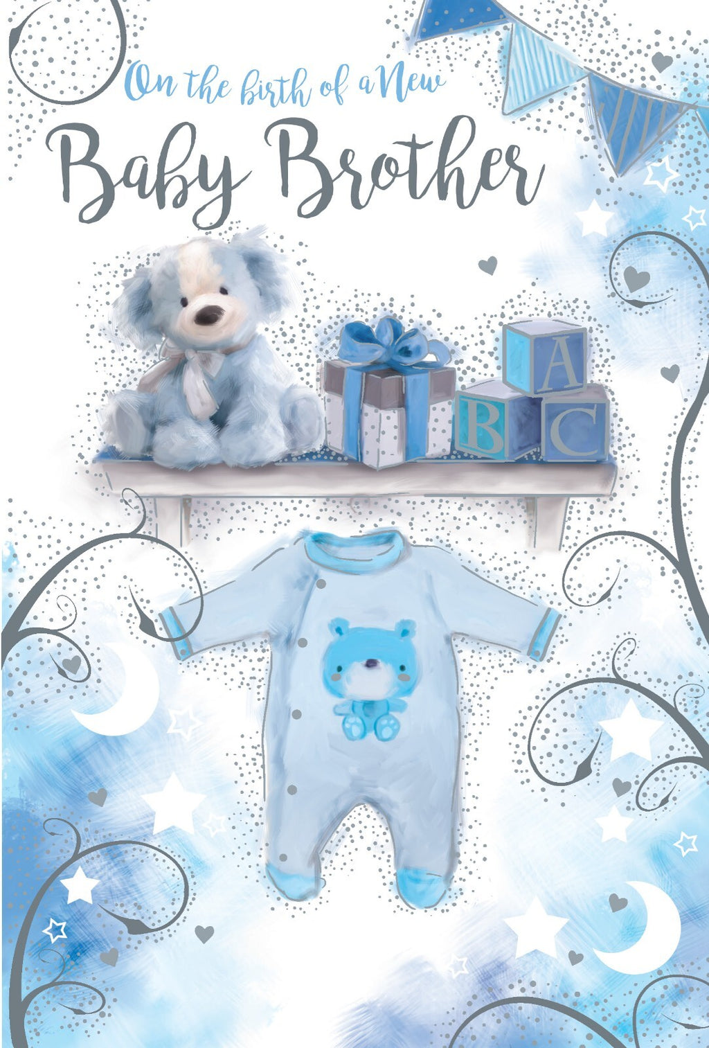 New Baby Brother Card - Teddy Bear & Baby Grow - Birth Congratulations