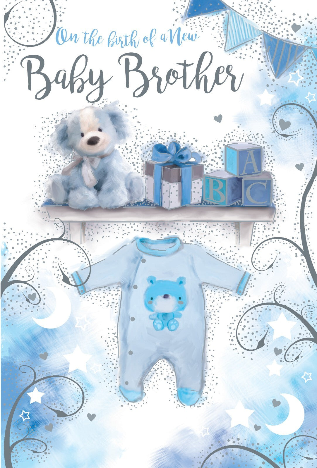 New Baby Brother Card - Teddy Bear & Baby Grow - Birth Congratulations