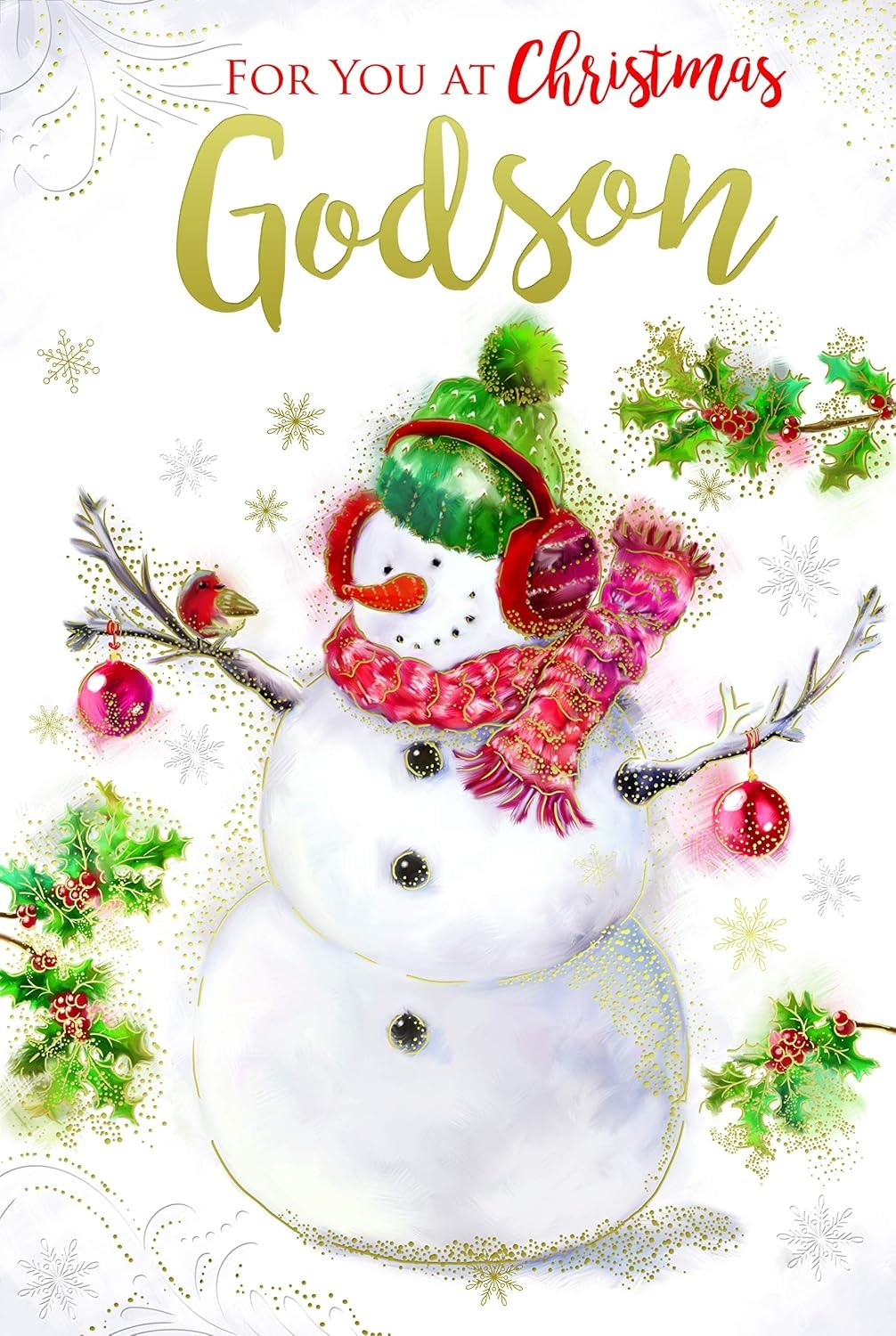 Godson Christmas Card Snowman Bauble Robin & Holly Design Lovely Verse