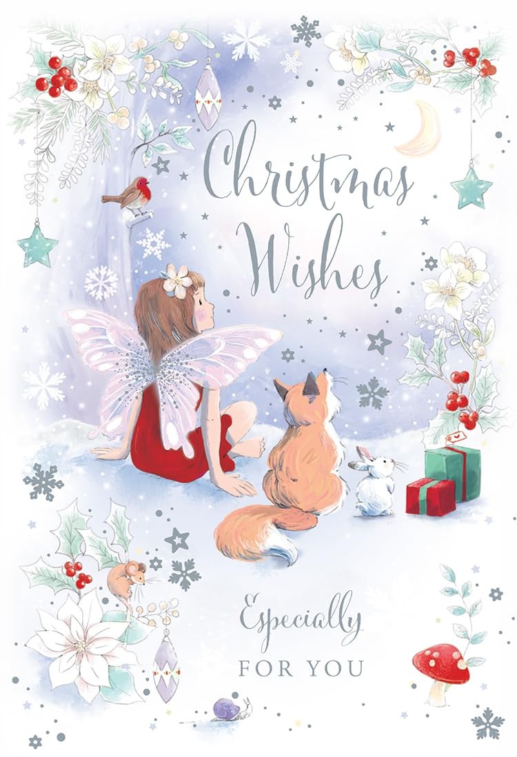 Open Christmas Card Modern Fairy Fox Rabbit 7.5" x 5" Lovely Verse