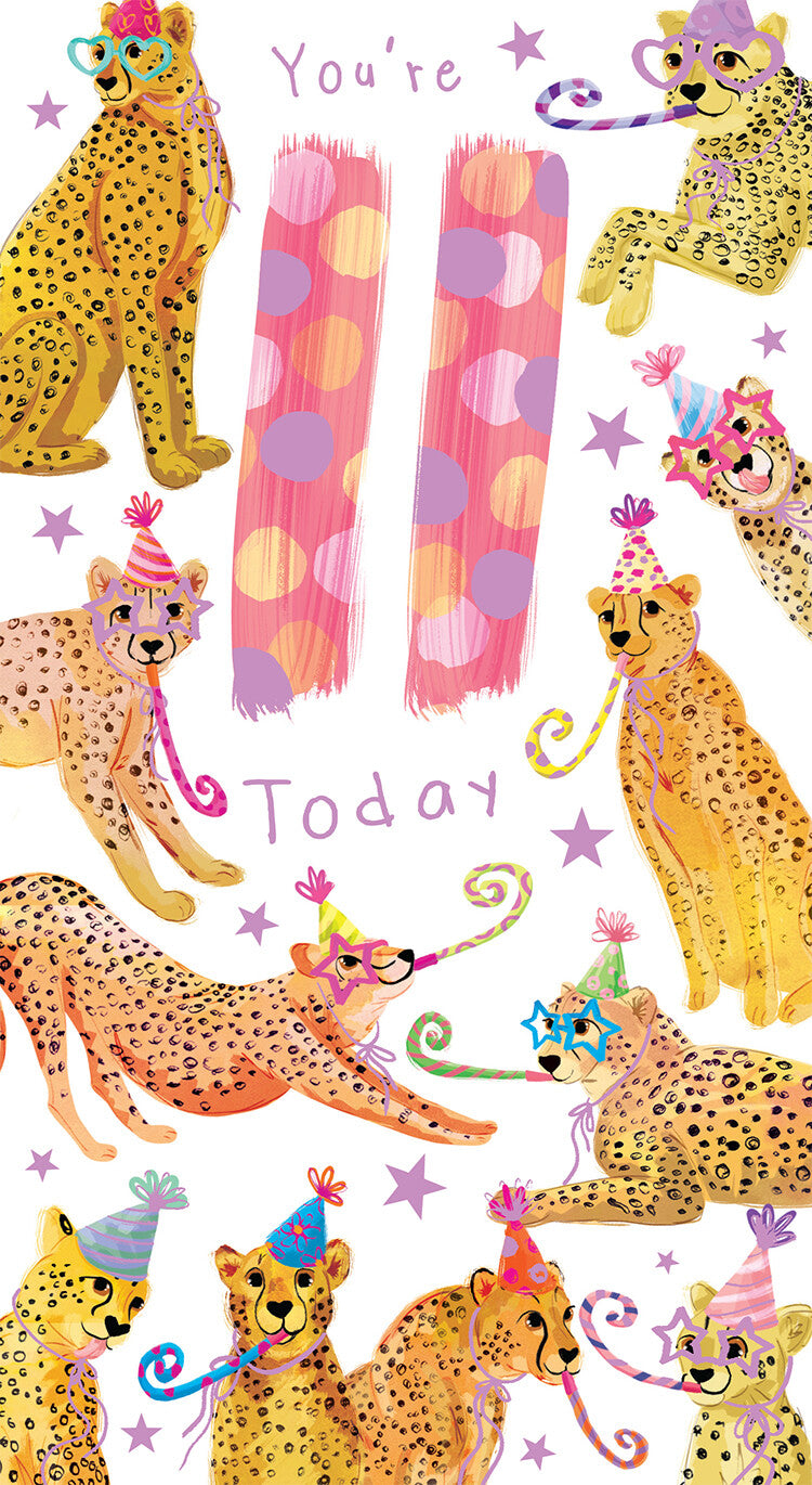 Age 11 Female 11th Birthday Card Cheetahs 9" x 5" Lovely Verse