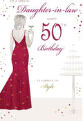Daughter-in-law 50th Birthday Card  Red Gown & Champagne Design  15x23cm