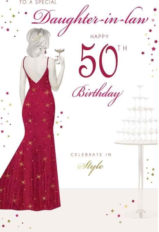 Daughter-in-law 50th Birthday Card  Red Gown & Champagne Design  15x23cm