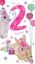 Age 2 Female 2nd Birthday Card Rabbits 9" x 5" Lovely Verse
