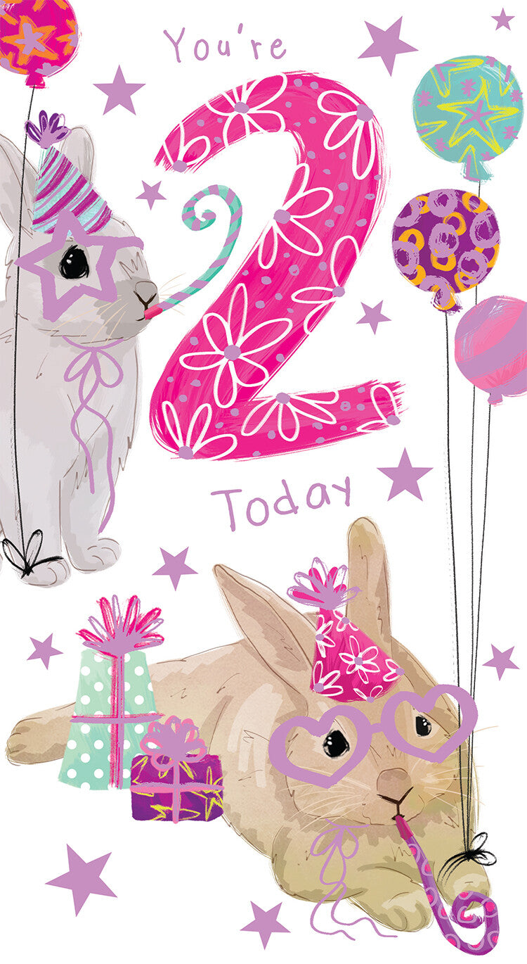Age 2 Female 2nd Birthday Card Rabbits 9" x 5" Lovely Verse