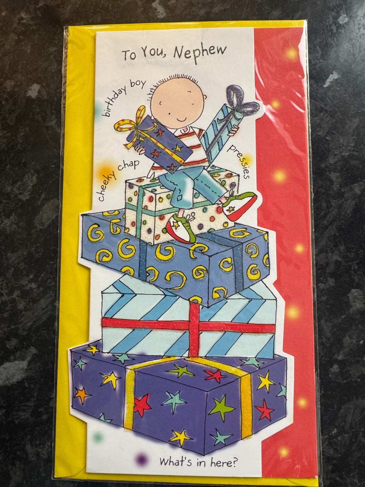 Nephew Birthday Card Boys Cute Cartoon Boy Stack of Presents Gifts Med 13x23cm
