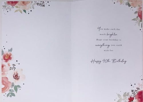 90th Birthday Card ? Elegant Pink Floral Design & Verse ? 15x23cm
