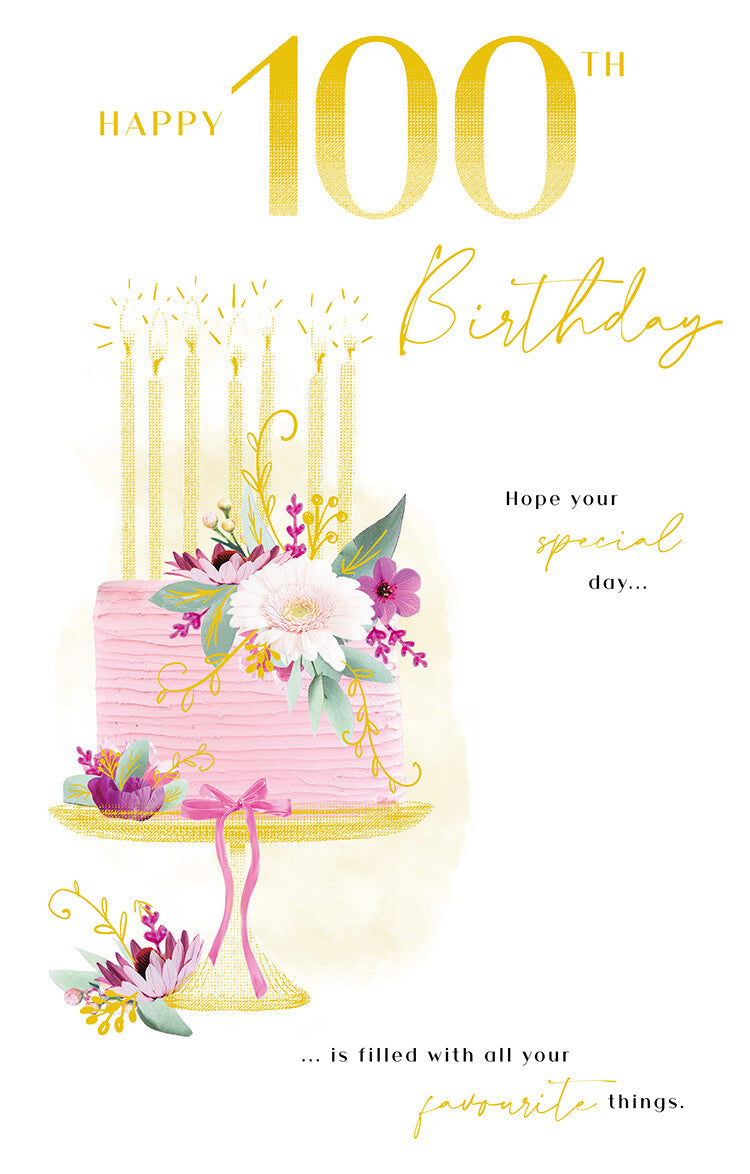 Happy 100th Birthday Card Elegant Floral Cake Design Gold Candles Modern