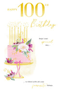 Happy 100th Birthday Card Elegant Floral Cake Design Gold Candles Modern
