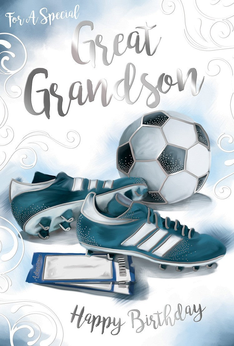 Great Grandson Birthday Card Football Sports Male Boys Quality Verse Blue Foil