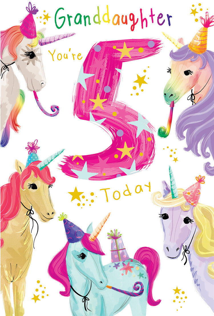 Granddaughter 5th Birthday Card - Unicorns & Glitter - Magical Girls Bday Age 5