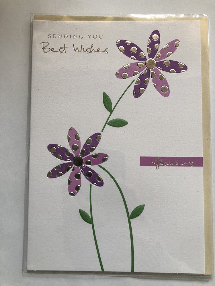 Good Luck Best Wishes Card Purple Pink Foiled Flowers