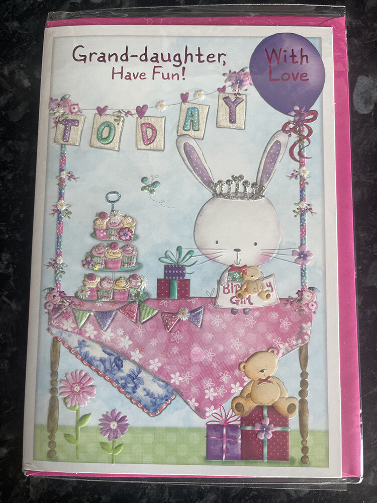 Granddaughter Happy Birthday Card Cute Rabbit Cake Stall Bunting Gifts