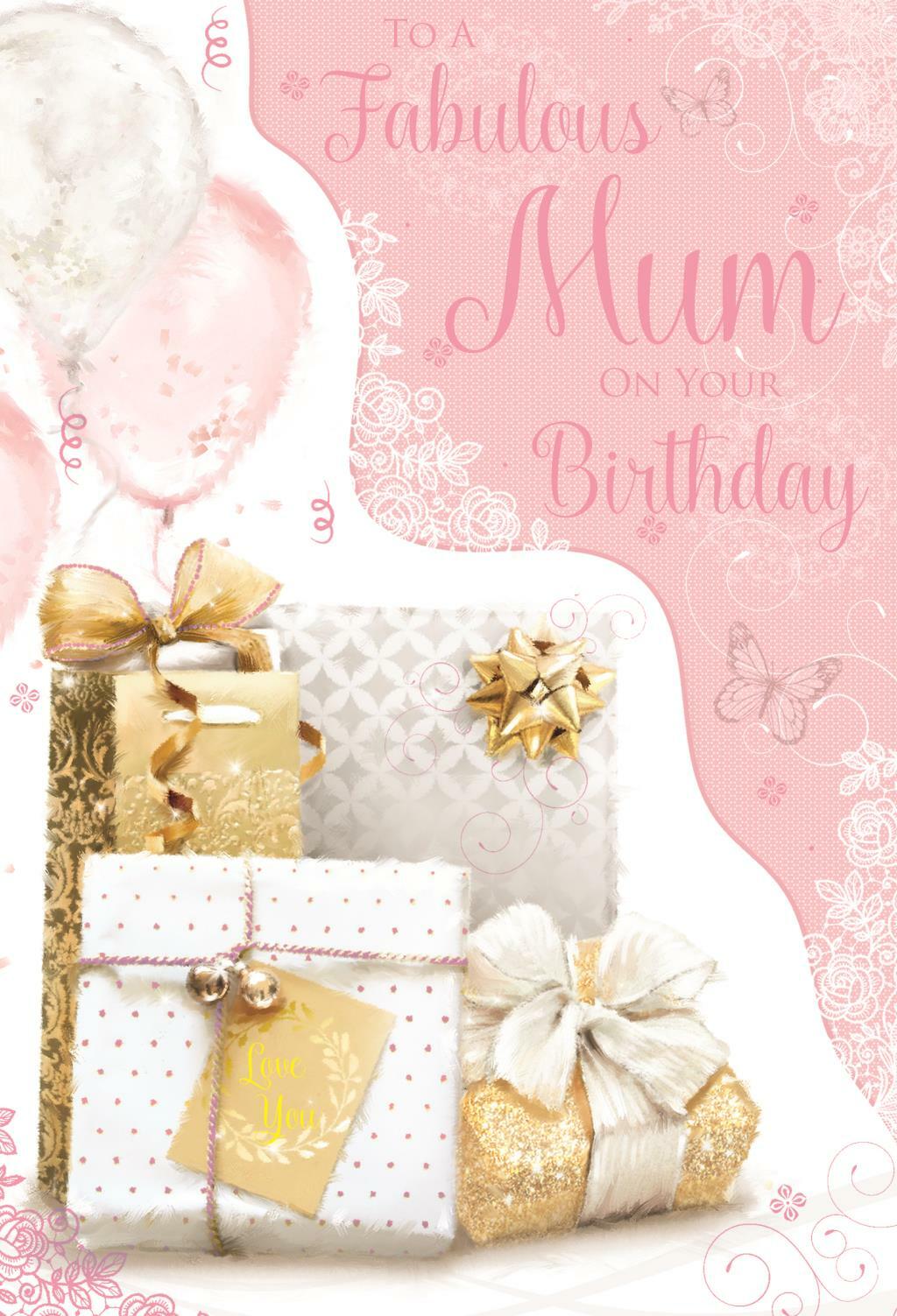Mum Happy Birthday Card Balloons & Gift Boxes Design Lovely Verse