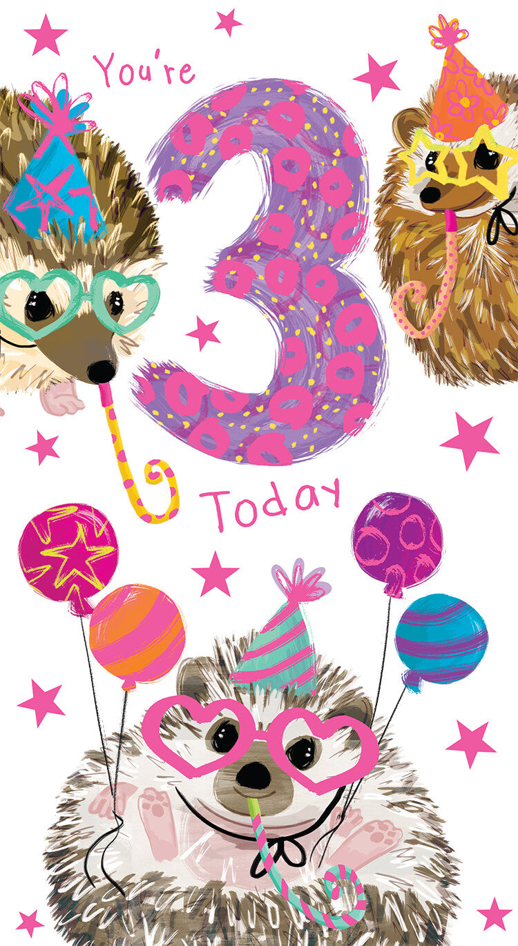 Age 3 Female 3rd Birthday Card Hedgehogs 9" x 5" Lovely Verse