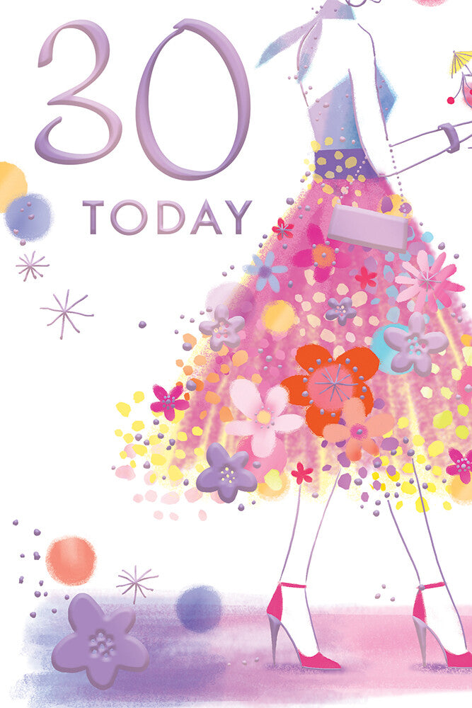 30th Happy Birthday Card Age 30 Today Bright Dress & Flowers Female Lovely Verse