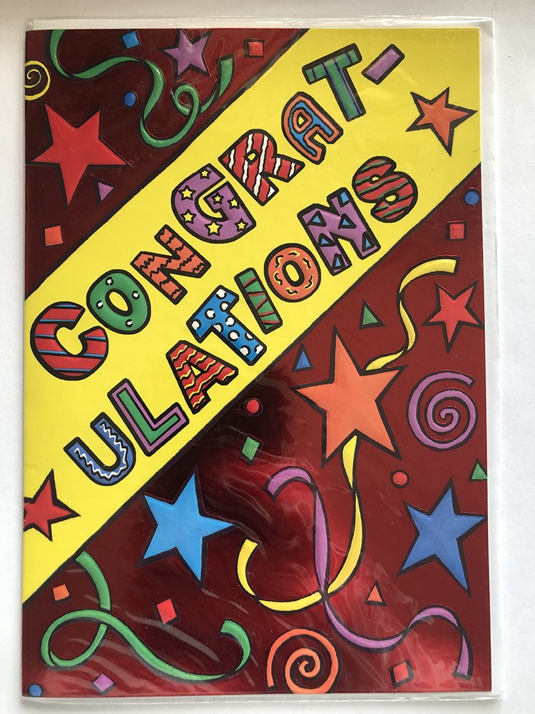 Congratulations Card Red Bold Text Stars Swirls Foiled