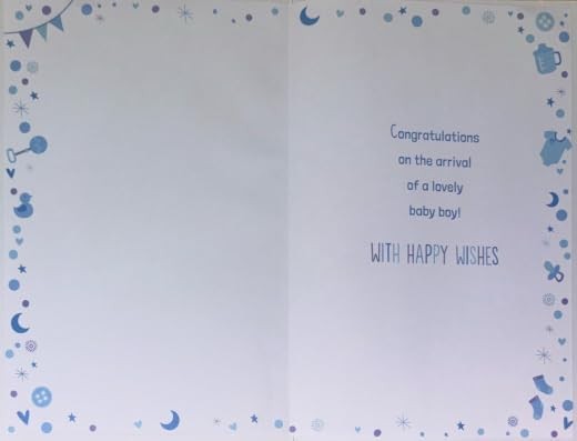 New Baby Boy Greeting Card  Blue Icons & Verse  15x23cm with Colour Insert