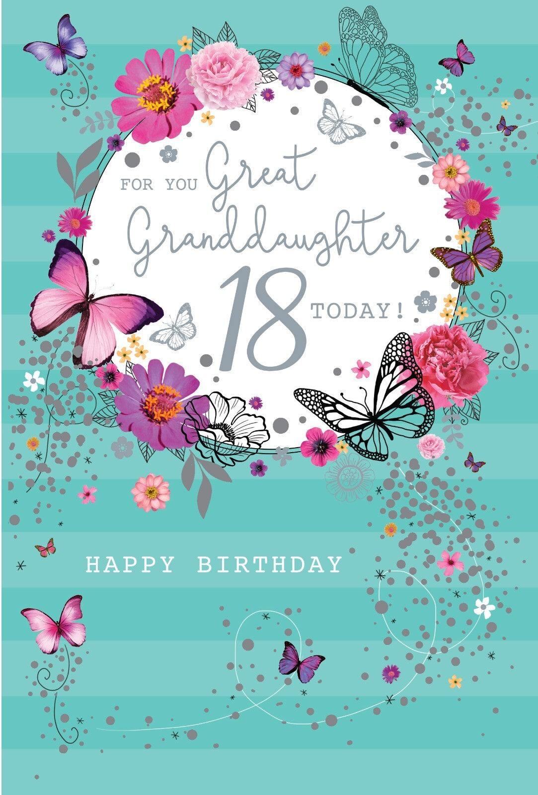 Great Granddaughter 18th Birthday Card - Butterflies & Flowers - Free UK P&P