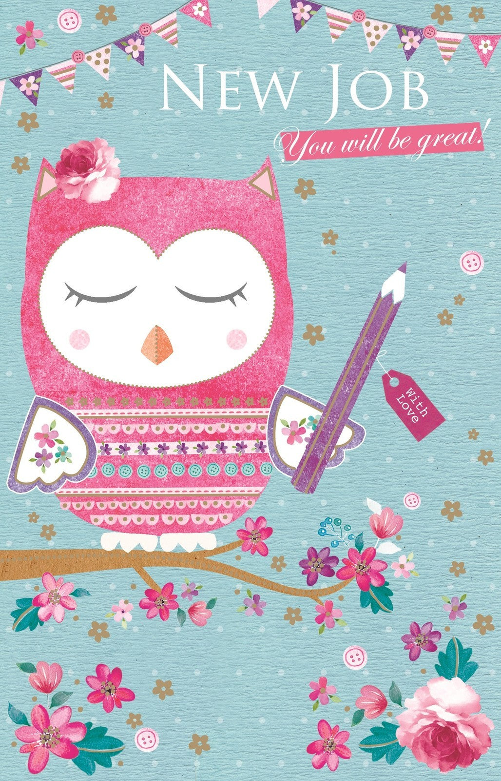 New Job Card You Will Be Great Owl & Bunting Design Bright Modern New Job