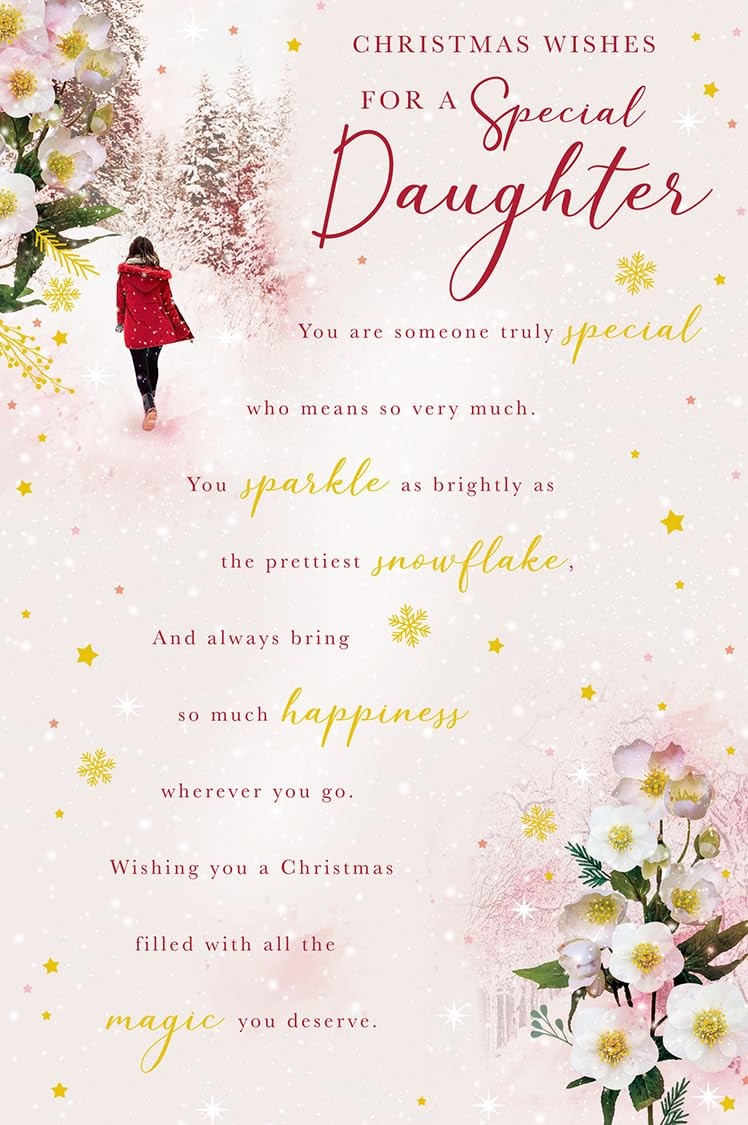Christmas Card To Special Daughter Large Snowy Winter Flowers 15x23cm