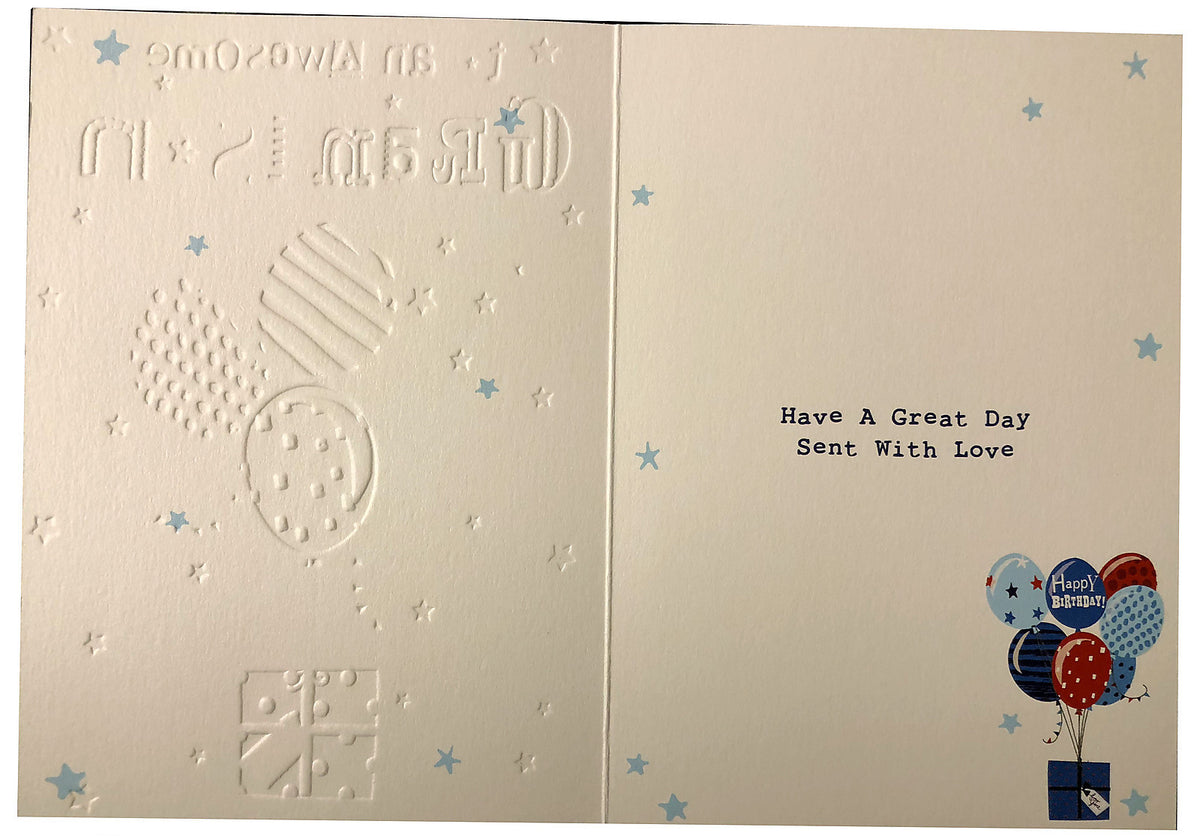 Awesome Grandson Birthday Card - Balloons & Gift - Bright Modern Finish