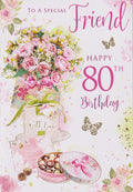 Friend 80th Birthday Card Floral Gift & Chocolate Design Quality Finish 15x23cm