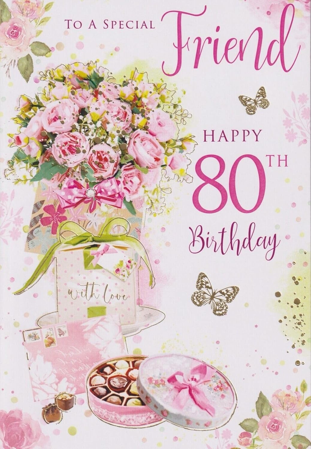 Friend 80th Birthday Card Floral Gift & Chocolate Design Quality Finish 15x23cm