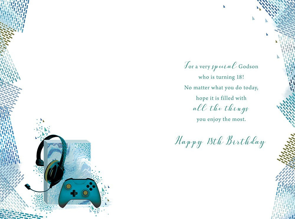 Special Godson 18th Birthday Card - Gamer Theme Headset Controller - Blue Grey