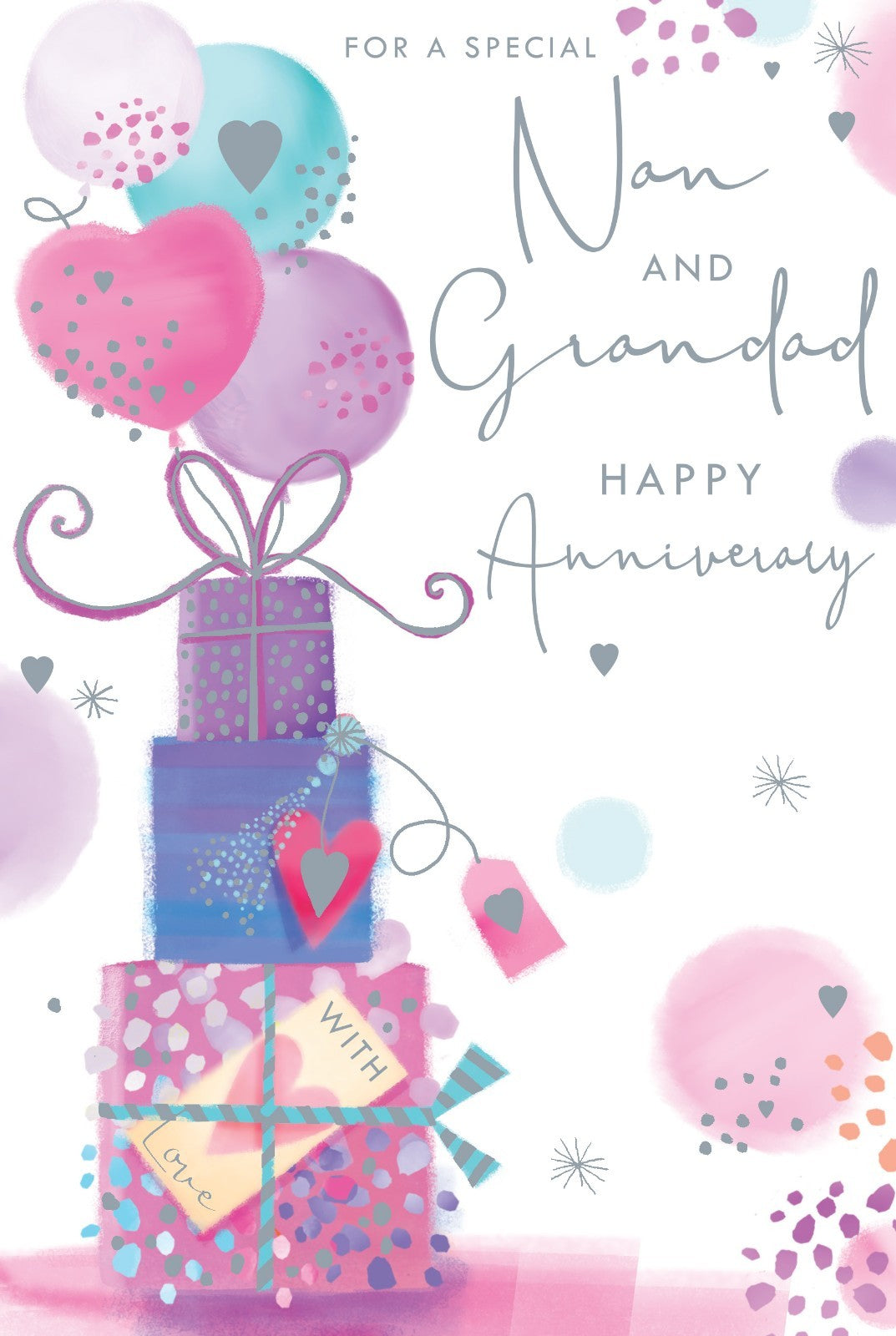 Nan & Grandad Anniversary Card  Gift Boxes & Balloons  15x23cm