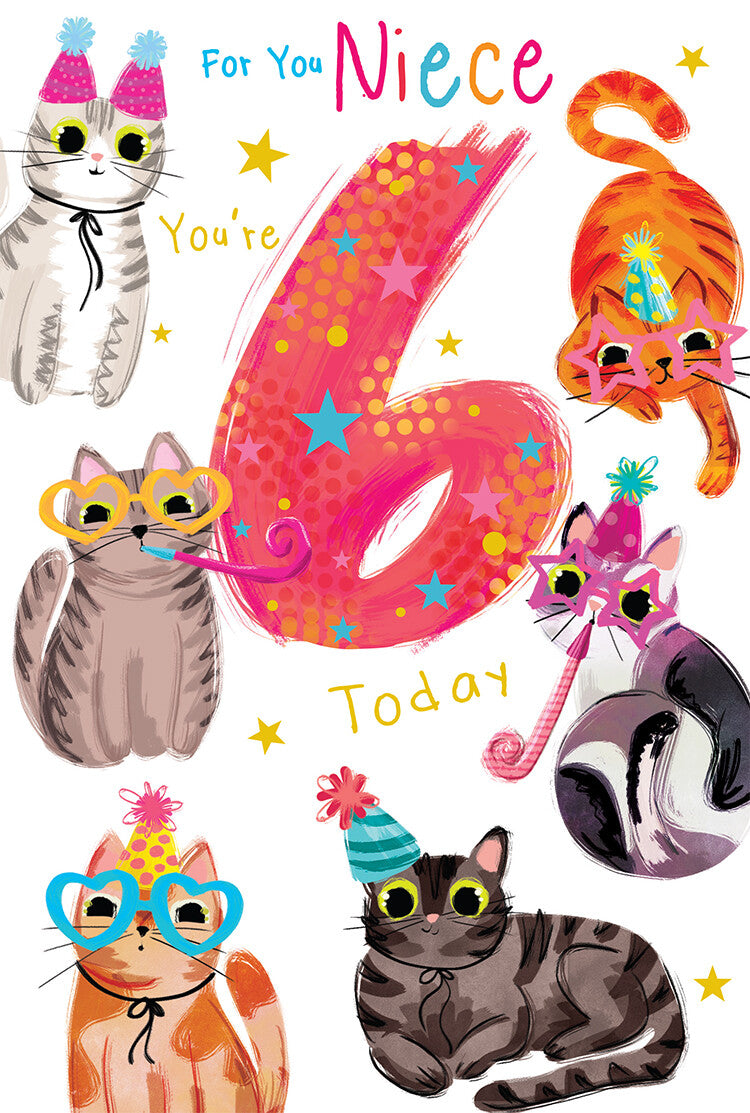 Niece 6th Birthday Card Age 6 Cats 9" x 6" Lovely Verse