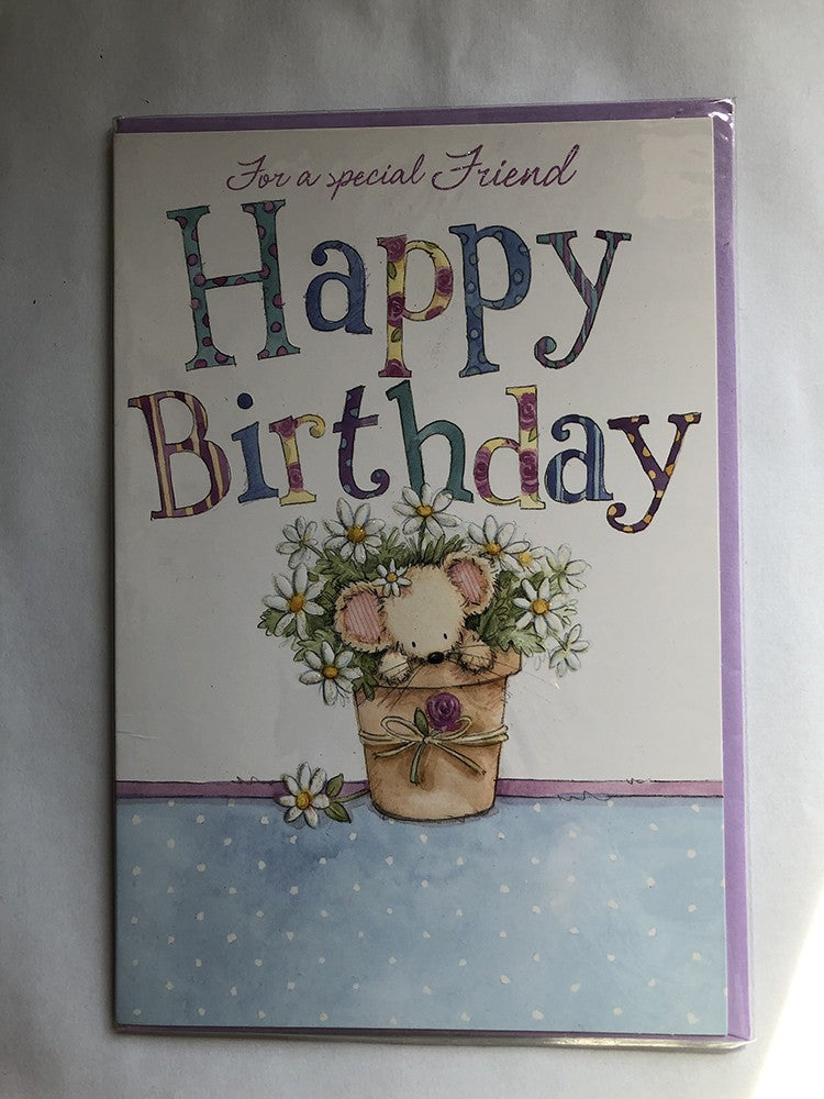 Friend Happy Birthday Card Special Cute Mouse in Flowerpot Flowers Ribbbon