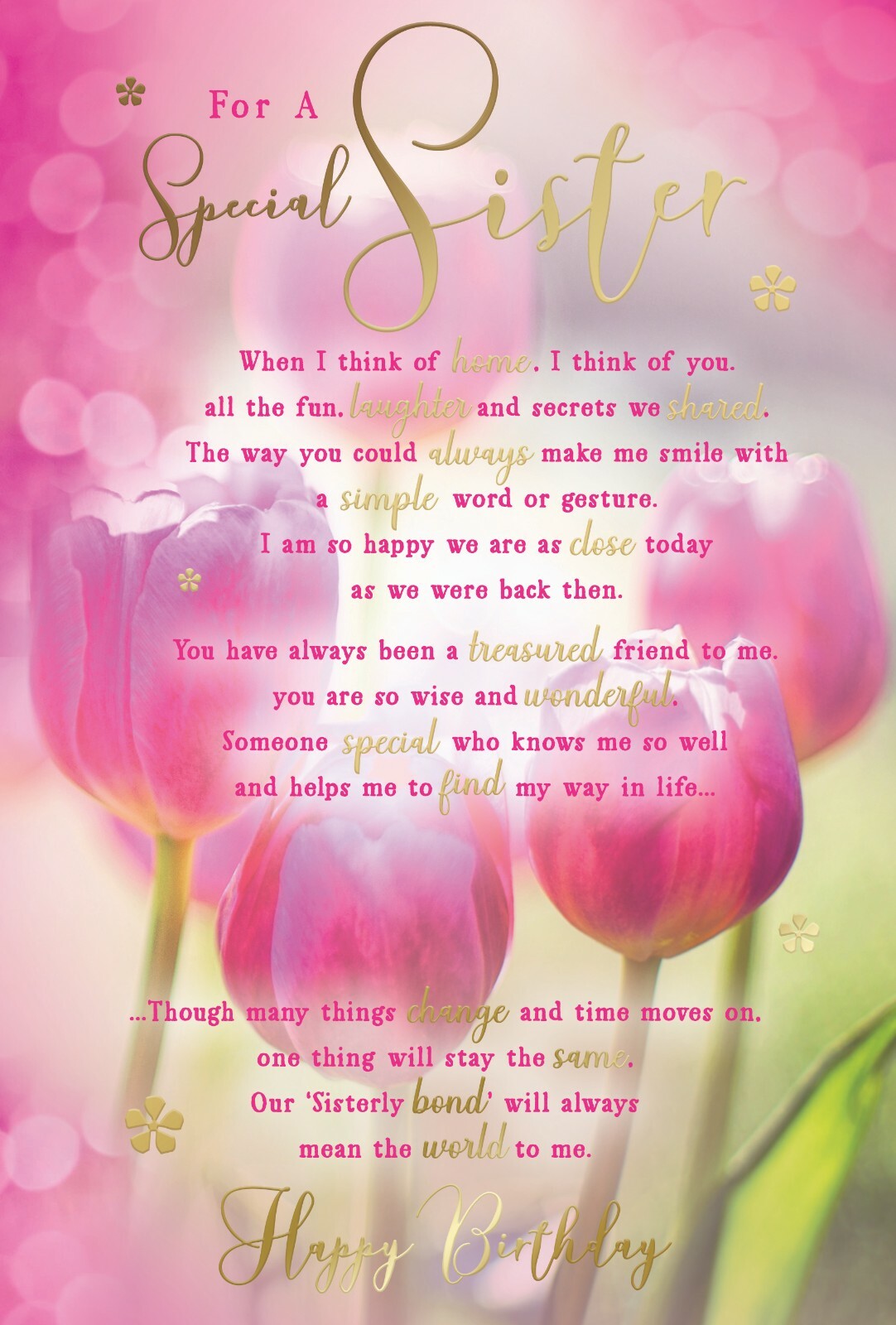 Special Sister Birthday Card - Pink Tulips Floral - Heartfelt Message