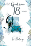 Special Godson 18th Birthday Card - Gamer Theme Headset Controller - Blue Grey