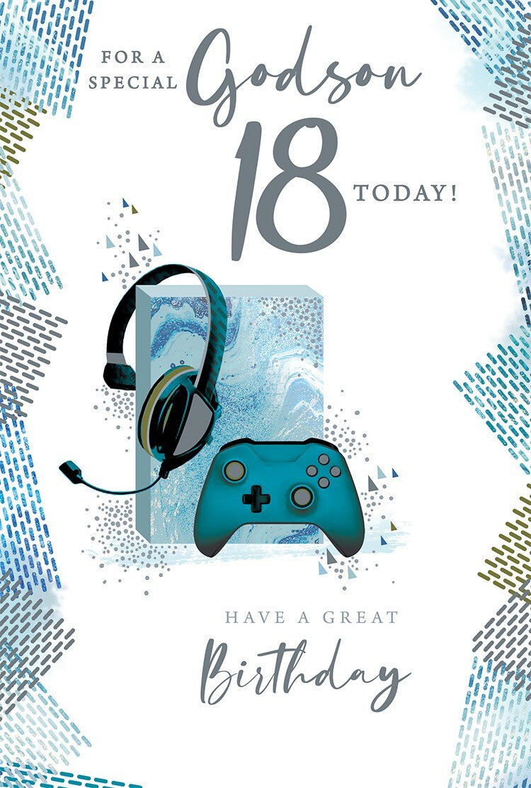 Special Godson 18th Birthday Card - Gamer Theme Headset Controller - Blue Grey